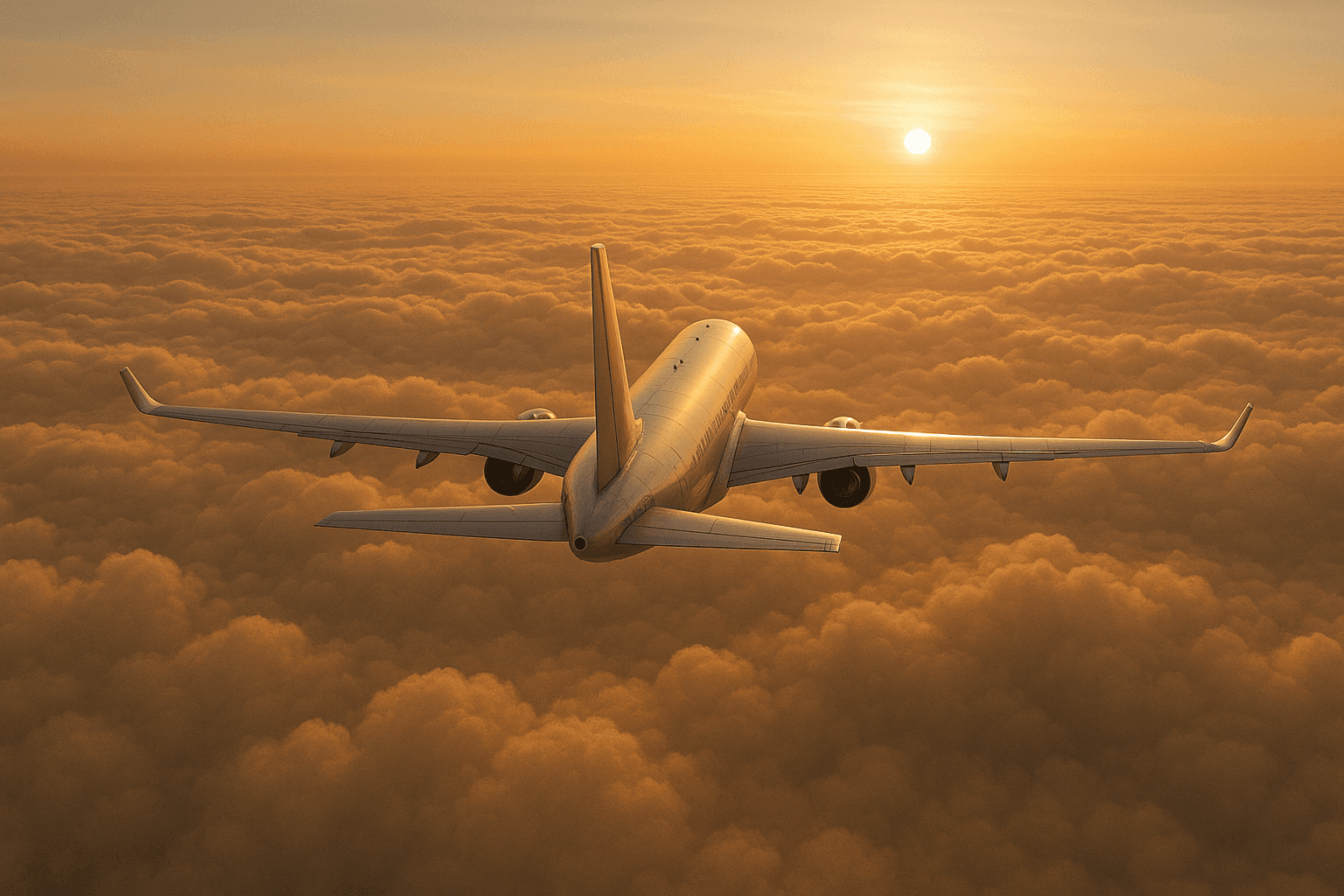 An airliner over sunlit clouds at golden hour