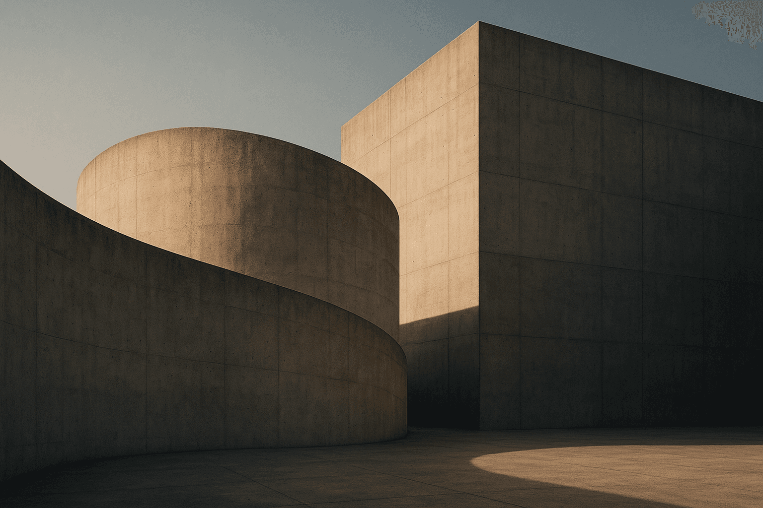 Curved concrete architecture in warm light