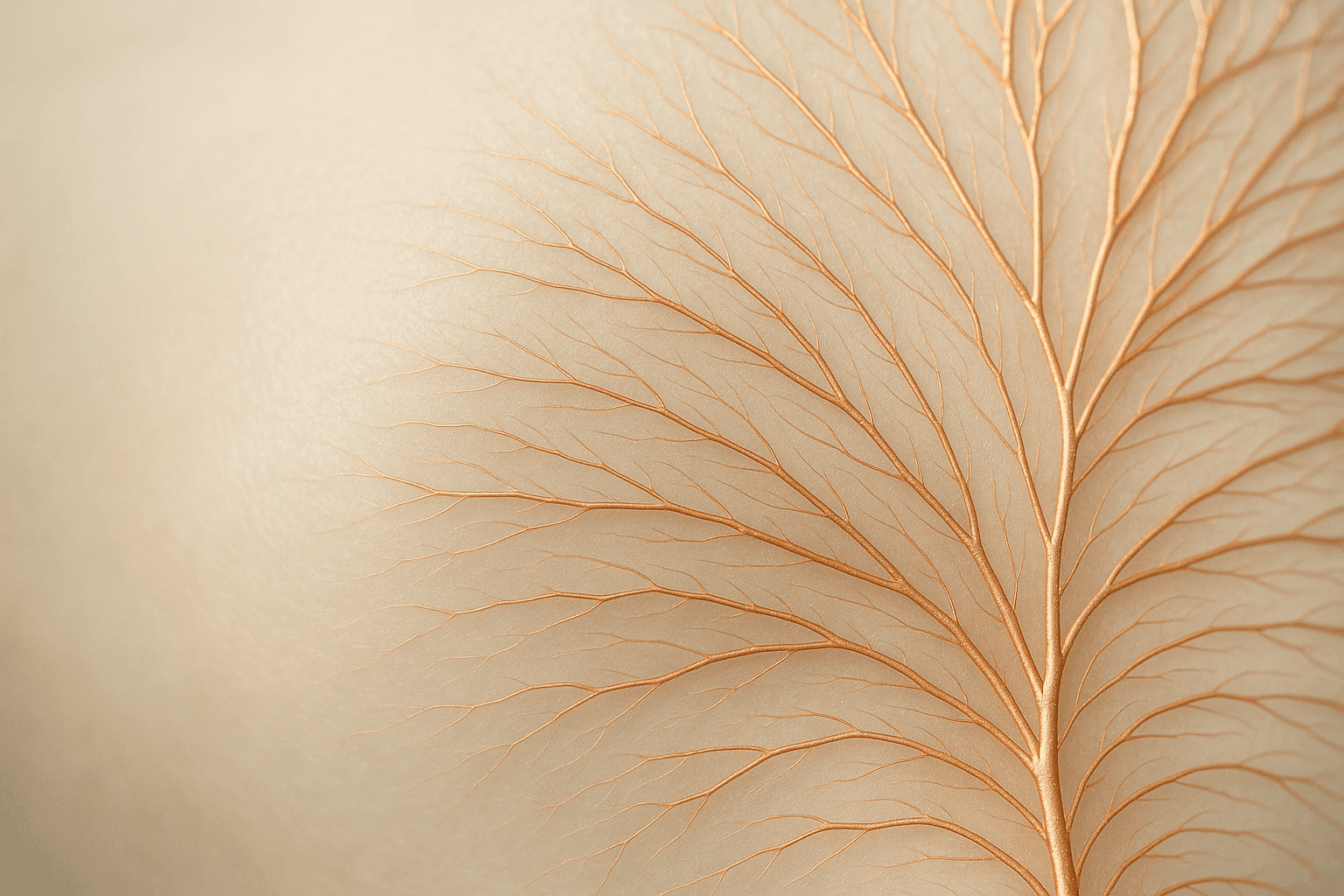 Copper vascular branches across a pale pearl surface